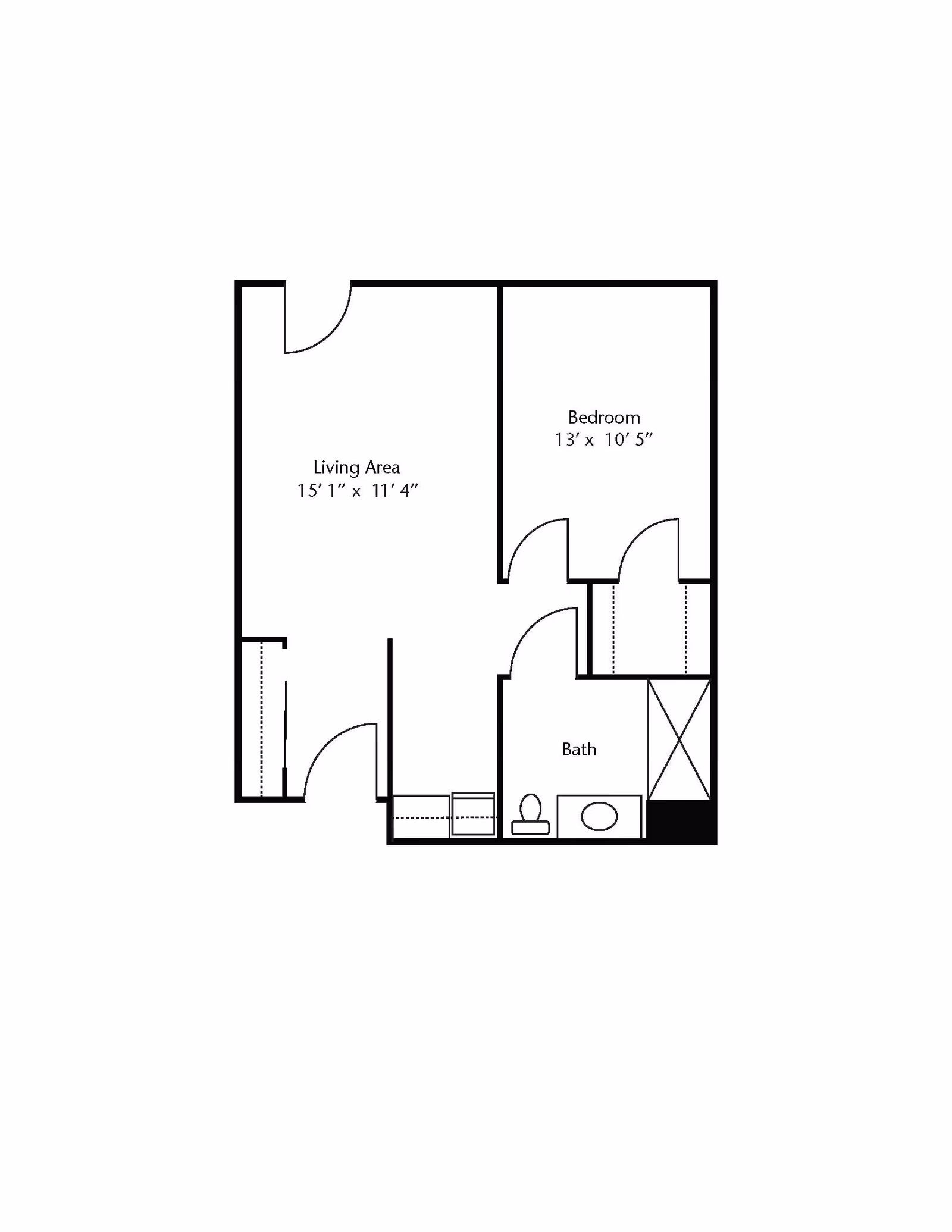 Floor plan layout of an apartment unit at Brookdale Camelot Medina showing a living area measuring 15'1" x 11'4", a bedroom measuring 13' x 10'5", and a bathroom with a toilet, sink, and shower.