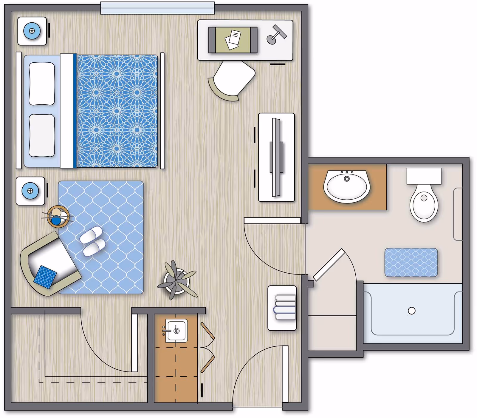Floor plan of a senior living facility unit showing a bedroom with a bed, nightstands, chair, rug, desk with chair, TV, and a bathroom with a sink, toilet, and bathtub.