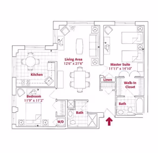 Architectural floor plan of an apartment at Allegria Village showing a kitchen, living area, master suite with walk-in closet and bath, a second bedroom, a second bath, linen closet, and washer/dryer area.