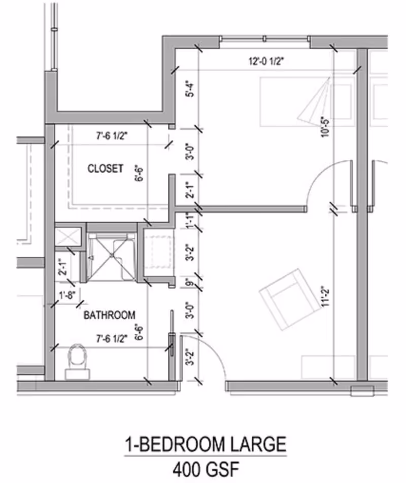 Architectural black-and-white floor plan labeled '1-Bedroom Large 400 GSF' showing a bedroom, bathroom, closet and dimensional measurements.