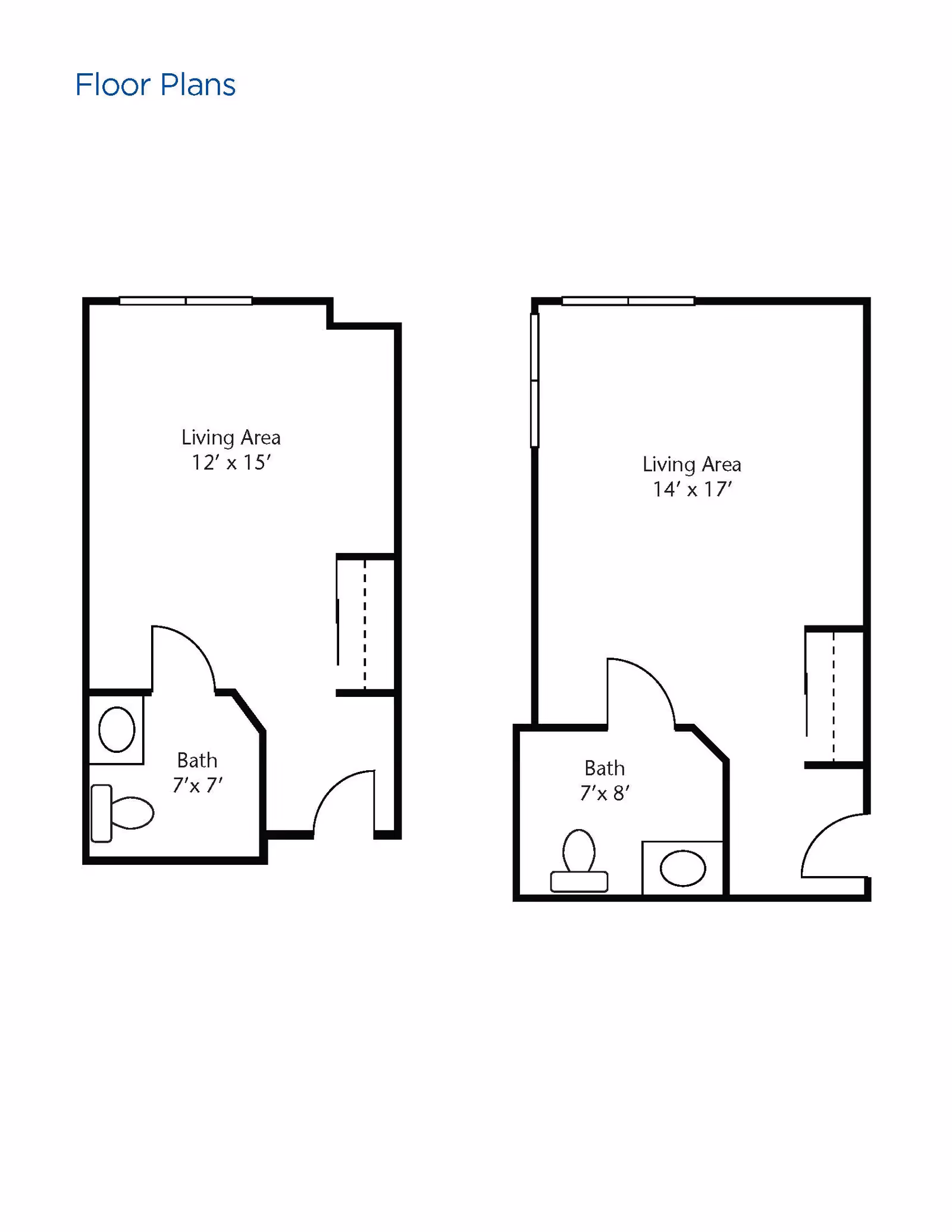 Two floor plan layouts showing living areas and bathrooms. The left layout has a living area measuring 12 feet by 15 feet and a bathroom measuring 7 feet by 7 feet. The right layout has a living area measuring 14 feet by 17 feet and a bathroom measuring 7 feet by 8 feet.