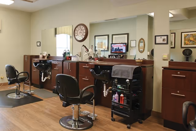 Interior salon area with styling chairs, shampoo sinks, mirrors, and wooden cabinetry.