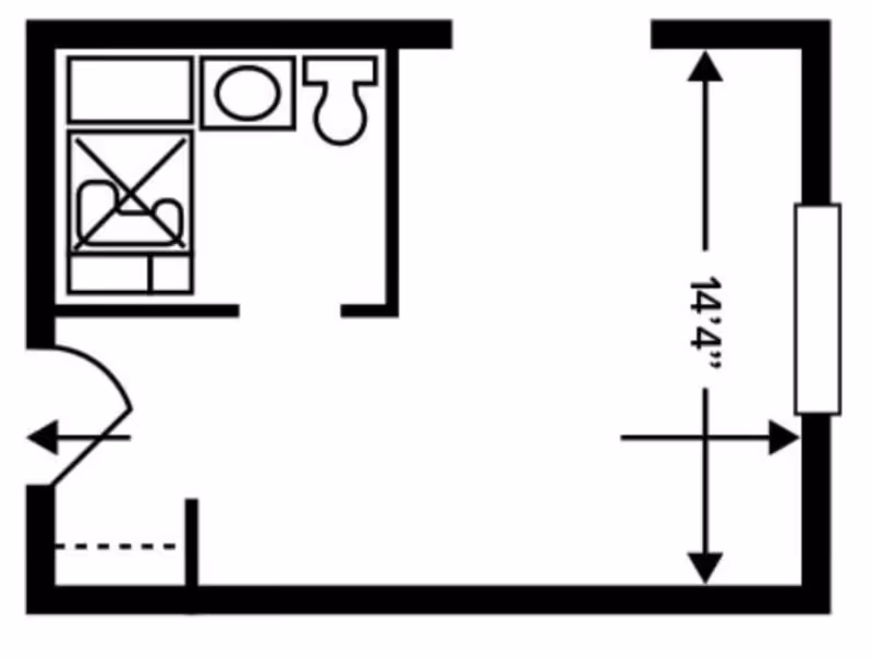 Floor plan layout of a small room with an attached bathroom. The bathroom includes a shower, sink, and toilet. The main room measures 14 feet 4 inches in length.