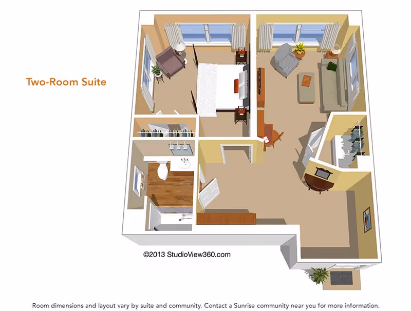 3D floor plan of a two-room suite showing a bedroom with a bed, armchair, and nightstands; a living room with a sofa, armchair, coffee table, TV, and desk; a bathroom with a toilet, sink, and bathtub; and closets. The suite has windows with curtains and an entry area with a small plant.