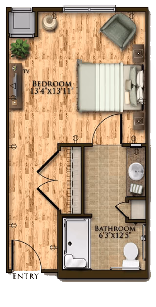 Floor plan of a living space at Harmony at Savannah showing a bedroom measuring 13 feet 4 inches by 13 feet 11 inches with a bed, chair, TV, and plant, connected to a bathroom measuring 6 feet 3 inches by 12 feet 5 inches with a bathtub, sink, and toilet. The entry door leads into the bedroom area.