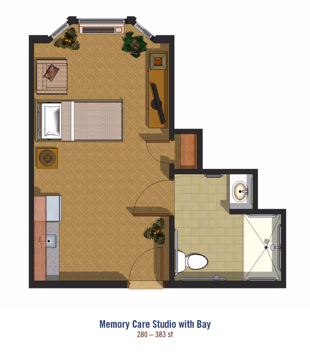 Floor plan of a memory care studio apartment with a bay window. The layout includes a combined living and sleeping area with a bed, armchair, TV, and plants. There is a kitchenette with a sink and countertop. The bathroom has a toilet, sink, and shower. The total area is between 280 and 383 square feet.