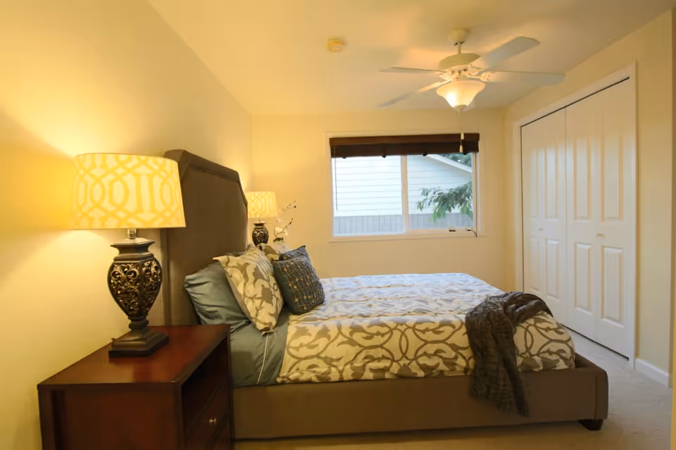 Bedroom with a bed dressed in patterned bedding, a nightstand with a lamp, a ceiling fan, window, and closet doors.