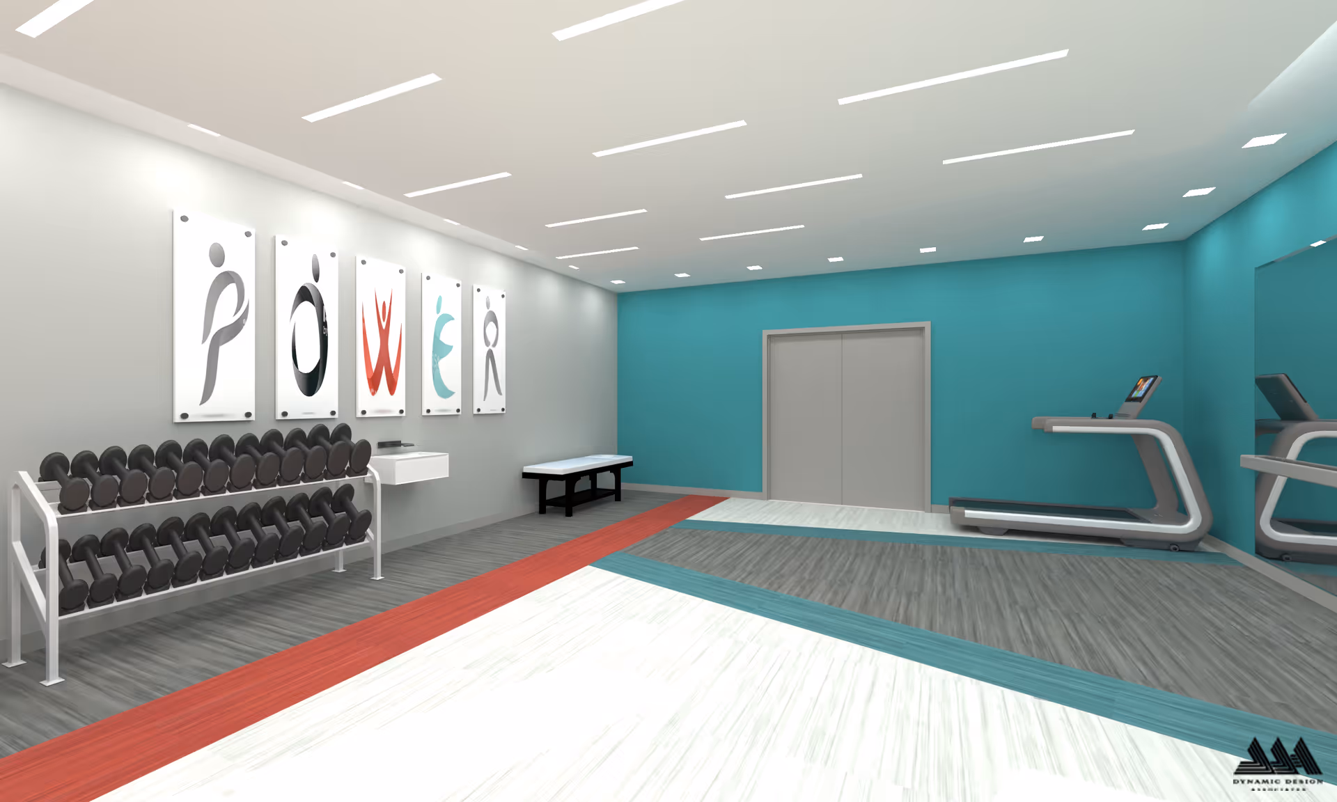 A modern fitness room with a rack of dumbbells, a bench, a treadmill, and colorful abstract artwork on the wall. The room has teal and white walls with a gray and red floor.