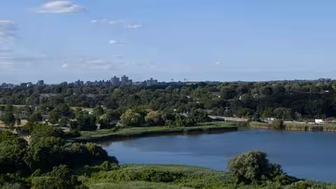 Outdoor landscape at Atria Forest Hills: lake, trees, distant city skyline, blue sky.