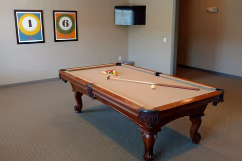 A billiards table with cues and a racked set of balls in a carpeted common room with framed artwork and a wall-mounted TV.