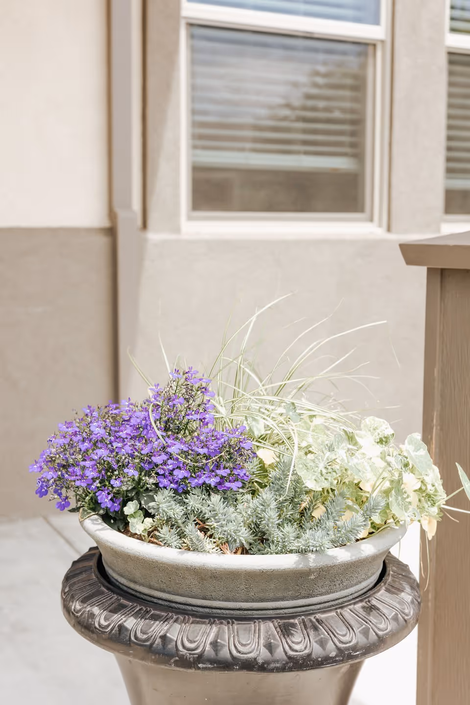 A decorative outdoor planter filled with purple flowers, green foliage, and ornamental grasses, placed on a carved pedestal in front of a beige building wall with windows.