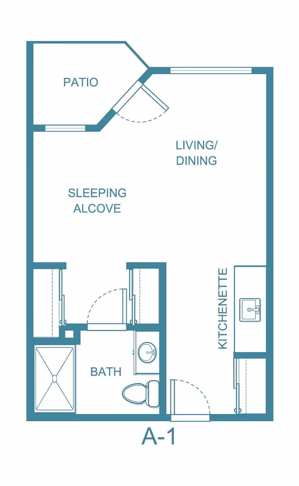 Floor plan layout of a senior living unit labeled A-1 at Independence Village of Waterford, showing a patio, living/dining area, sleeping alcove, kitchenette, and bathroom with shower, toilet, and sink.