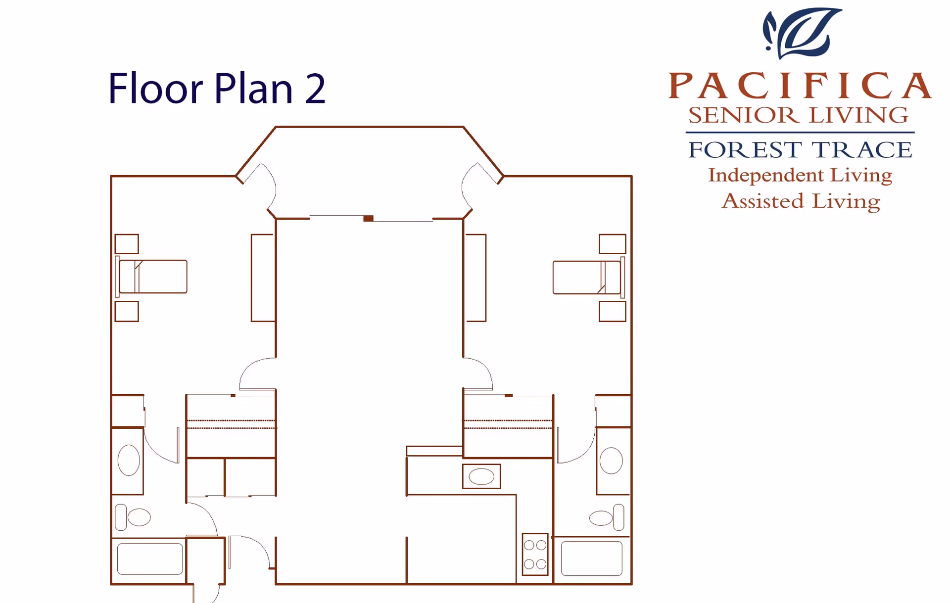 Floor plan labeled Floor Plan 2 for Pacifica Senior Living Forest Trace showing two bedrooms, two bathrooms, a kitchen area, and a central living space.