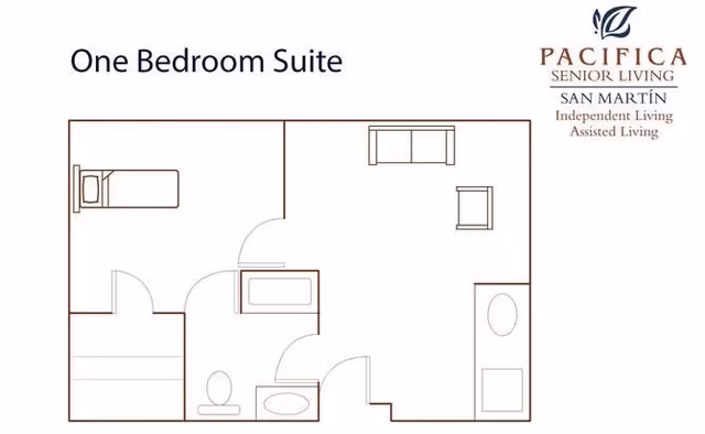 Floor plan of a one bedroom suite showing a bedroom with a bed, a bathroom with a toilet and bathtub, and a living area with a sofa and chair. The plan is labeled with Pacifica Senior Living San Martín Independent Living Assisted Living logo.