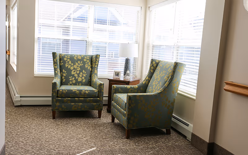 Two patterned armchairs positioned near large windows with white blinds, next to a small wooden side table with a lamp and a framed photo, in a carpeted room with beige walls.