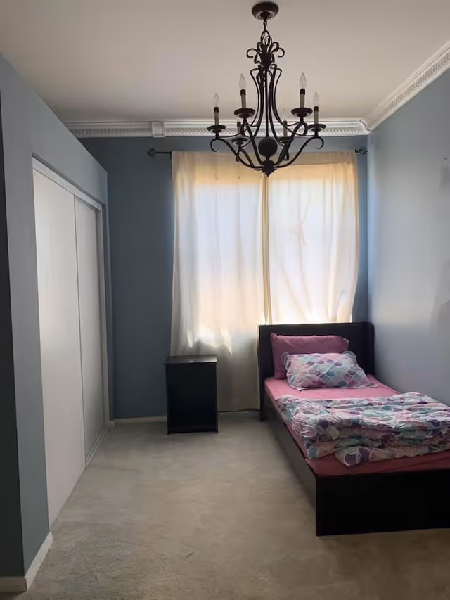 A small bedroom with light blue walls and beige carpet. There is a single bed with a dark frame, pink bedsheet, and a colorful patterned blanket and pillow. Next to the bed is a small black nightstand. A window with sheer white curtains lets in soft light. A black chandelier hangs from the ceiling. There is a white sliding closet door on the left wall.