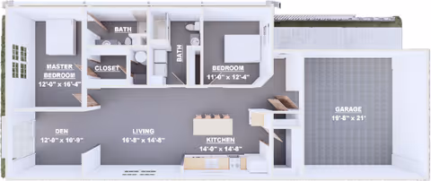 Top-down floor plan of a one-story unit showing a master bedroom, second bedroom, two baths, den, living area, kitchen and attached garage.