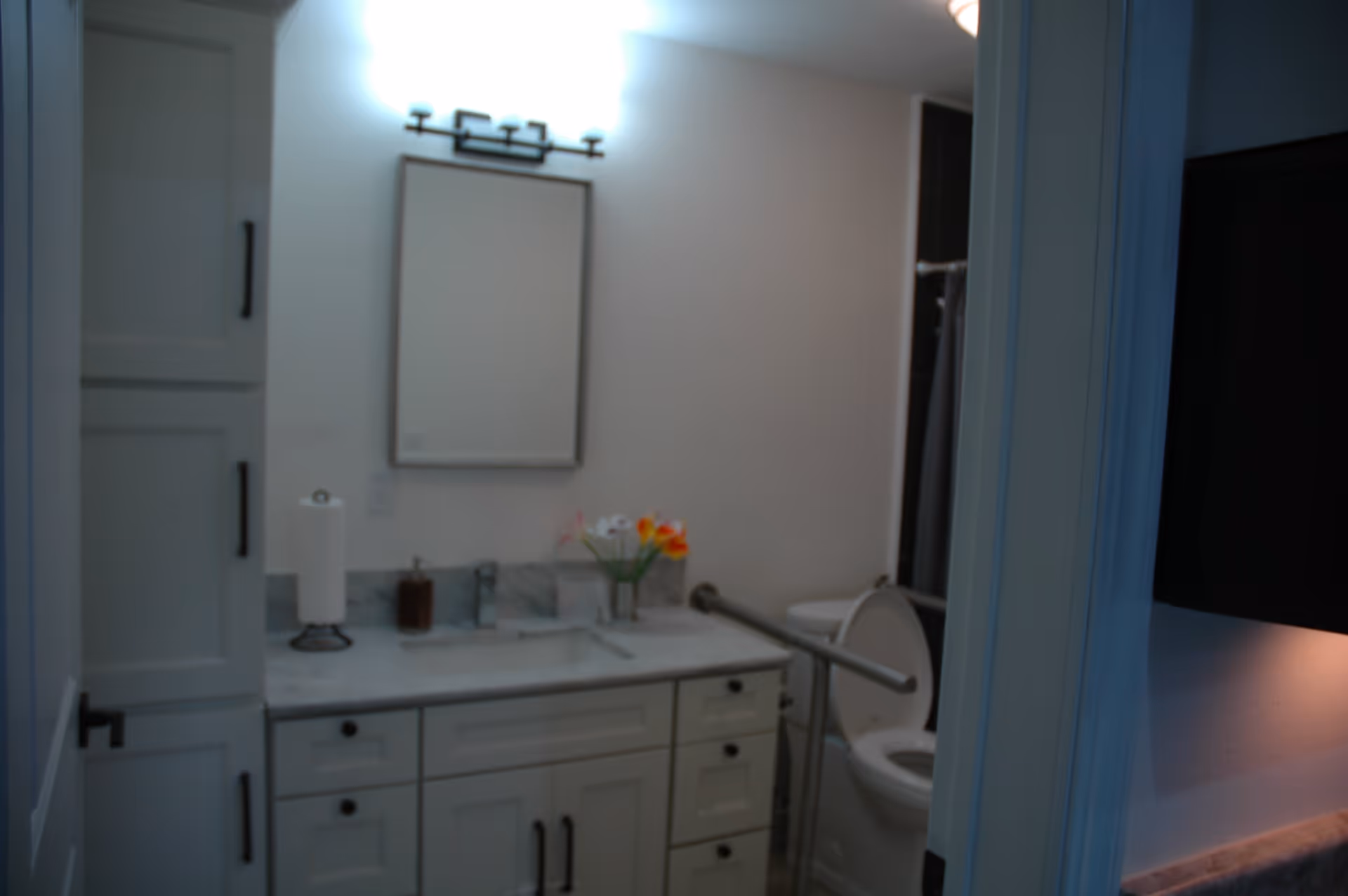 Interior view of a bathroom with a white vanity cabinet, a marble countertop with a sink, a wall-mounted mirror with a light fixture above it, a toilet with a safety grab bar, and a small vase with colorful flowers on the countertop.