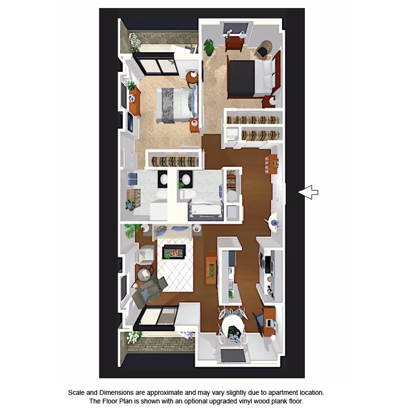 3D floor plan of a two-bedroom apartment featuring a living room with seating and a fireplace, a kitchen with an island and dining area, two bedrooms with beds and furniture, two bathrooms, closets, and two balconies.