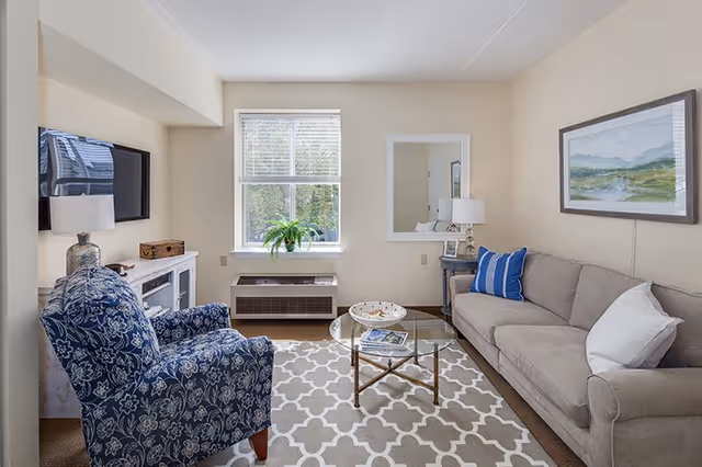 A cozy living room with a beige sofa adorned with white and blue pillows, a blue patterned armchair, a glass coffee table on a patterned rug, a wall-mounted TV, a window with blinds, a plant on the windowsill, a framed landscape painting, and a table lamp on a side table.