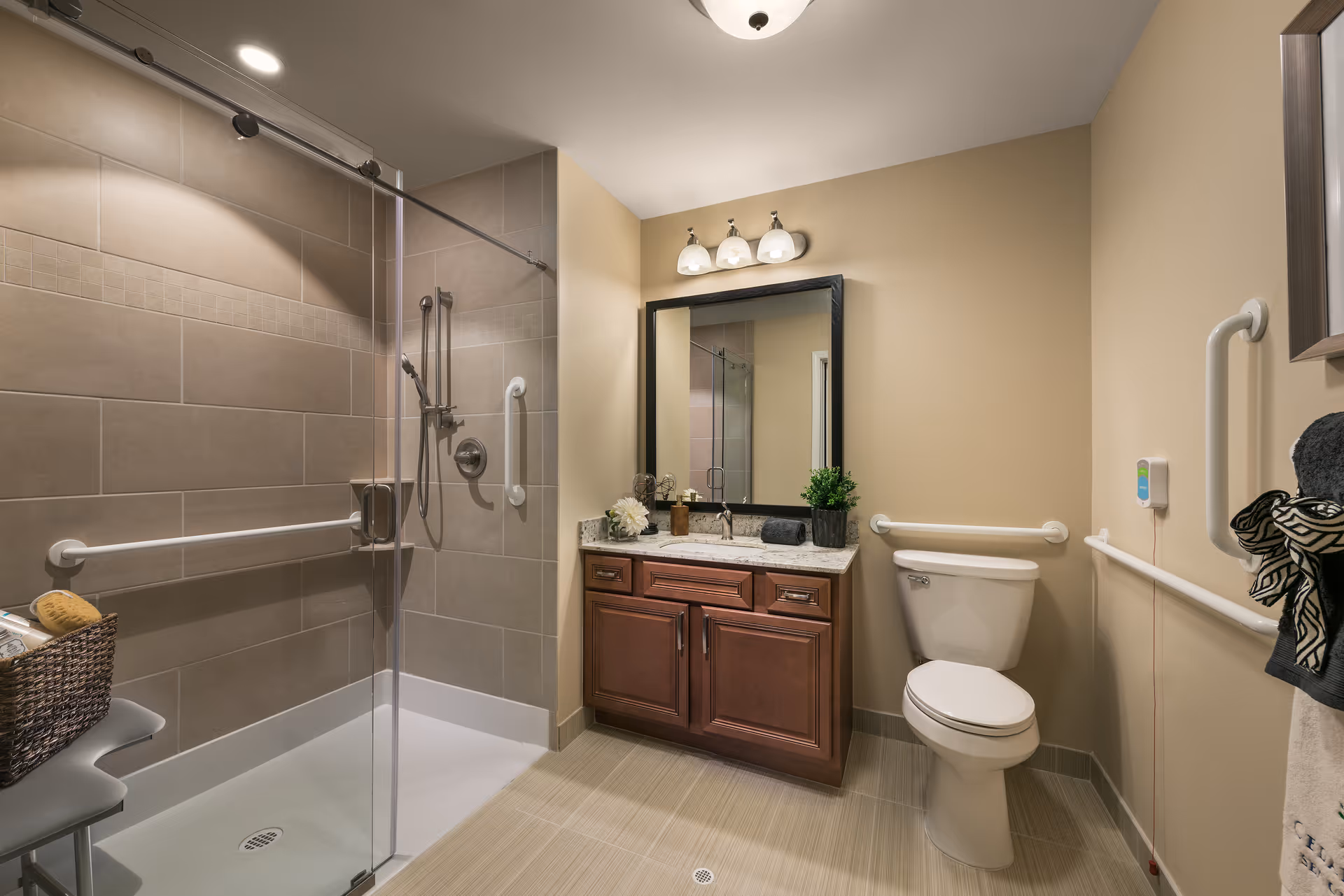 A modern accessible bathroom with a walk-in shower featuring grab bars and a fold-down seat, a wooden vanity with a granite countertop and a large mirror above it, and a toilet with grab bars on both sides. The walls are painted beige and the floor is tiled.