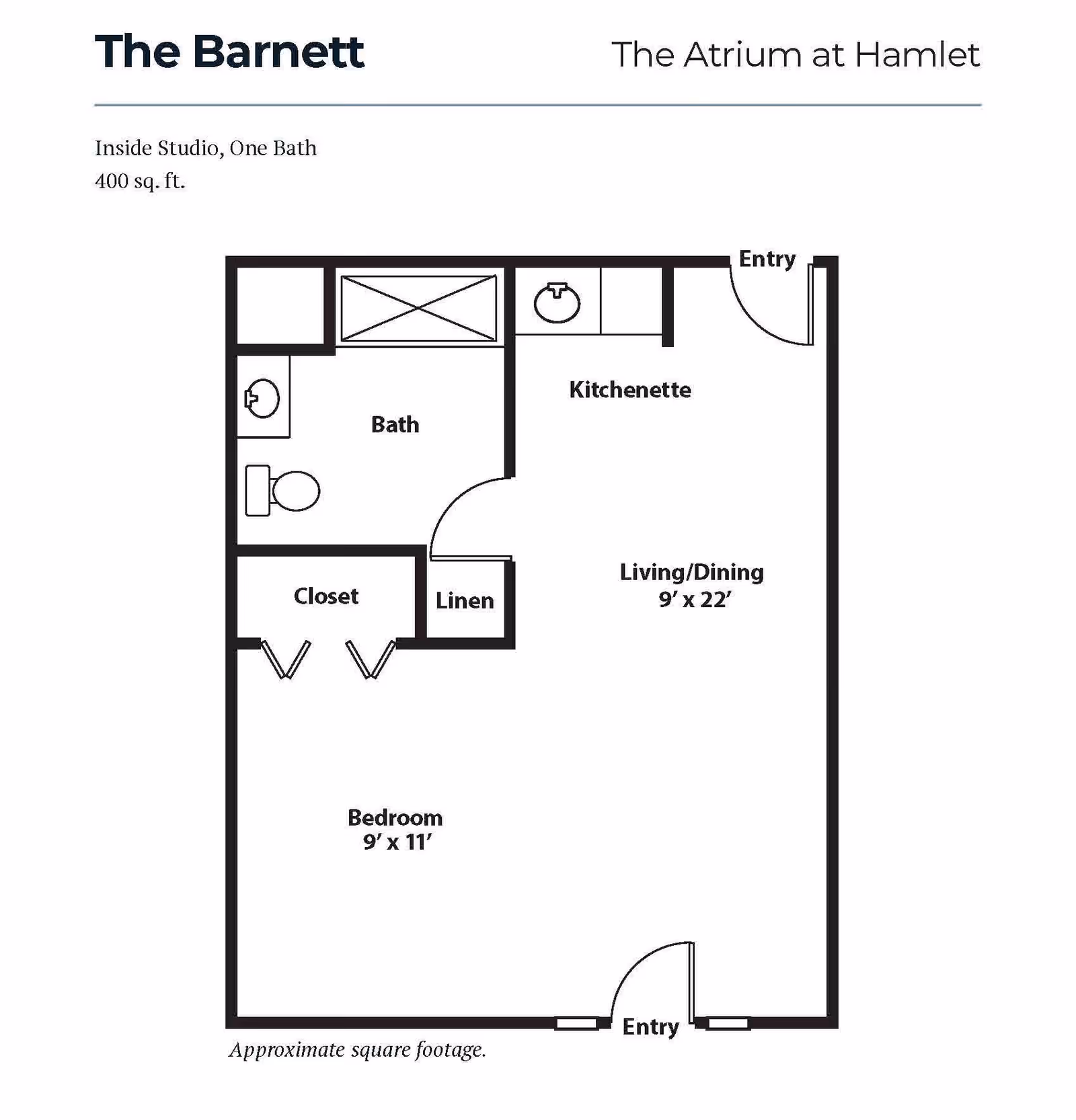 Floor plan of The Barnett, an inside studio with one bath at The Atrium at Hamlet, showing a 400 sq. ft. layout including a bedroom, bath, closet, linen closet, kitchenette, and living/dining area with two entry points.