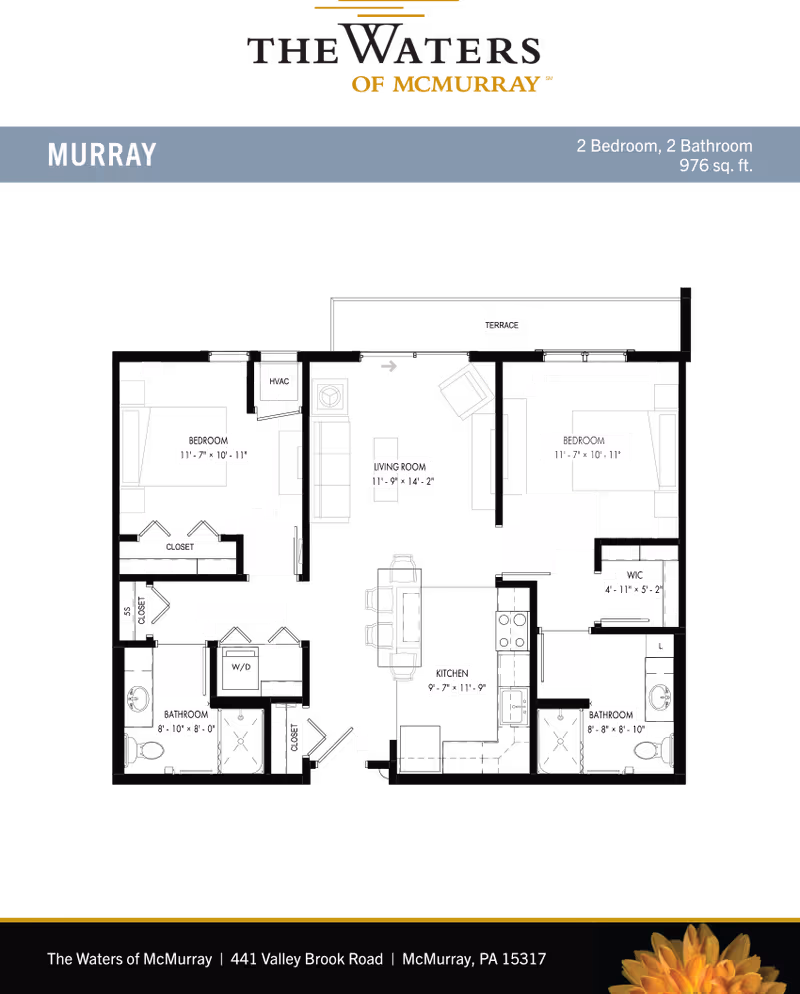 Floor plan layout of a 2 bedroom, 2 bathroom apartment named Murray at The Waters of McMurray, showing dimensions and labeled rooms including bedrooms, bathrooms, living room, kitchen, closets, HVAC, and terrace.