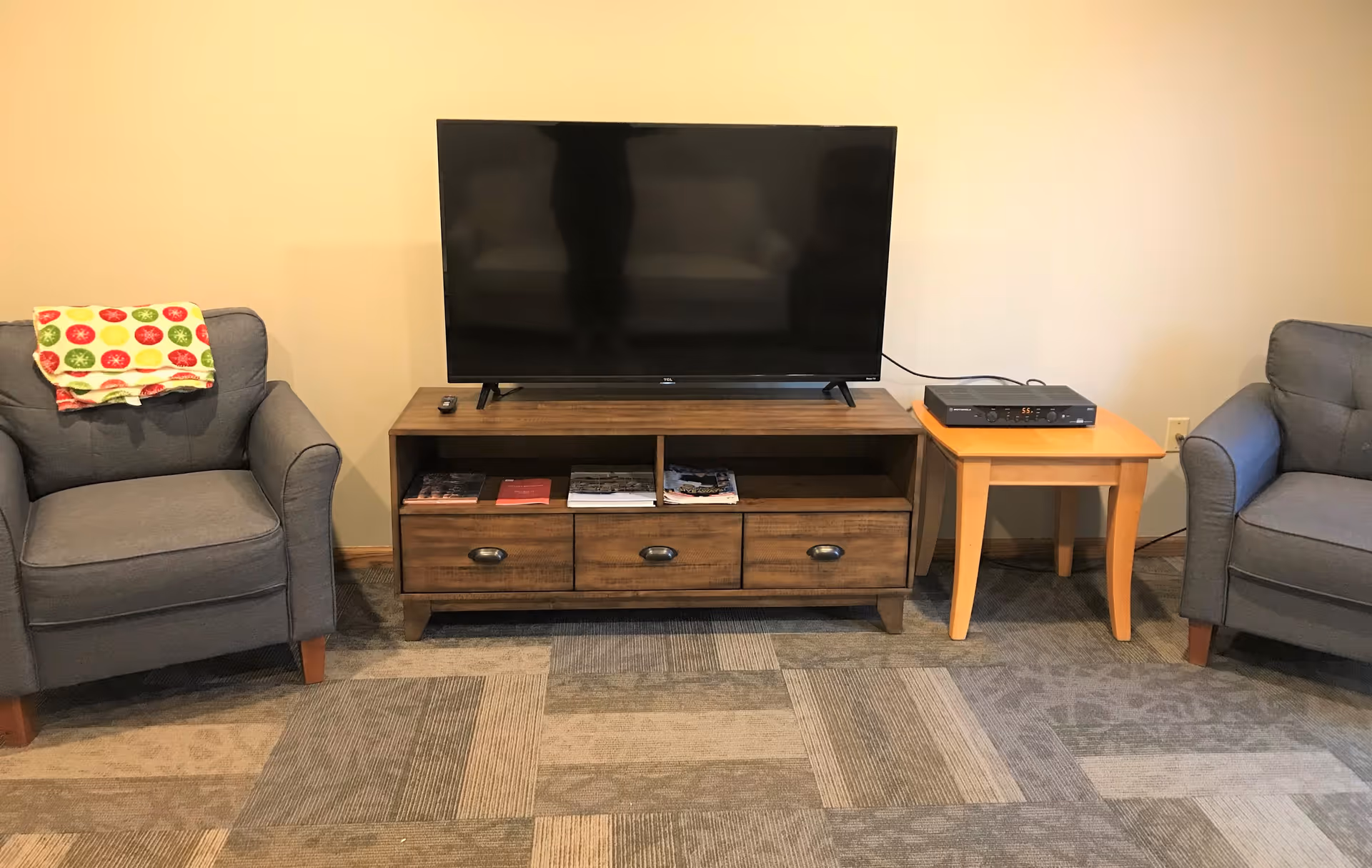 A living room area with a large flat-screen TV on a wooden TV stand. There are two gray armchairs on either side of the TV stand, one with a colorful blanket draped over the back. A small wooden side table with an electronic device is next to the right armchair. The floor is carpeted with a patterned design.
