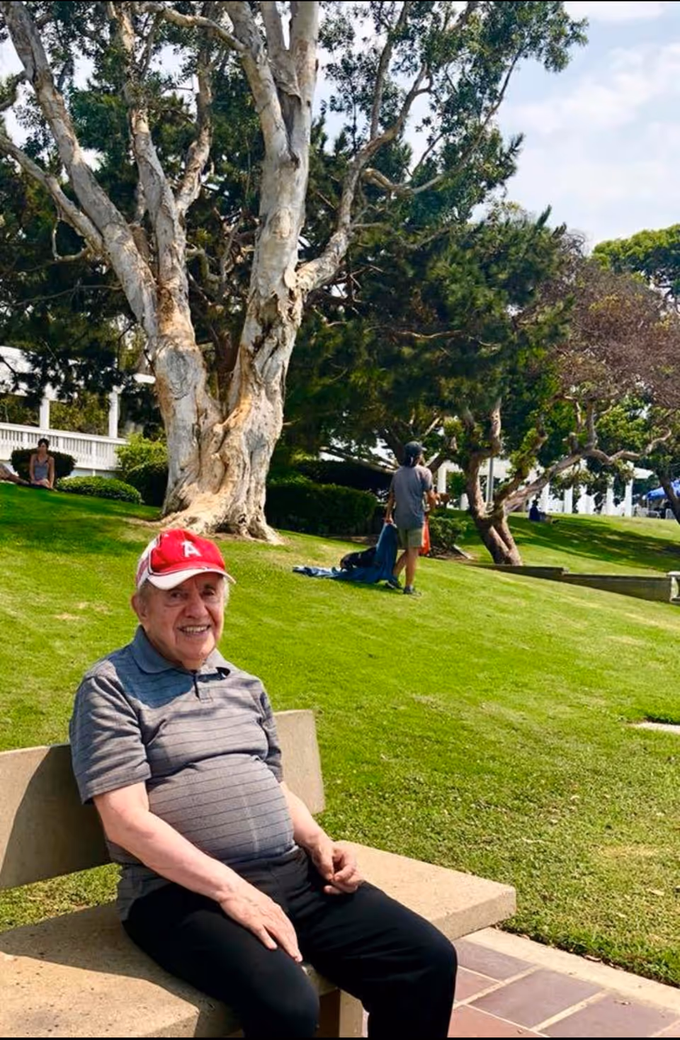 An elderly man wearing a red cap and gray striped polo shirt is sitting on a stone bench in a grassy park area with large trees and other people in the background.