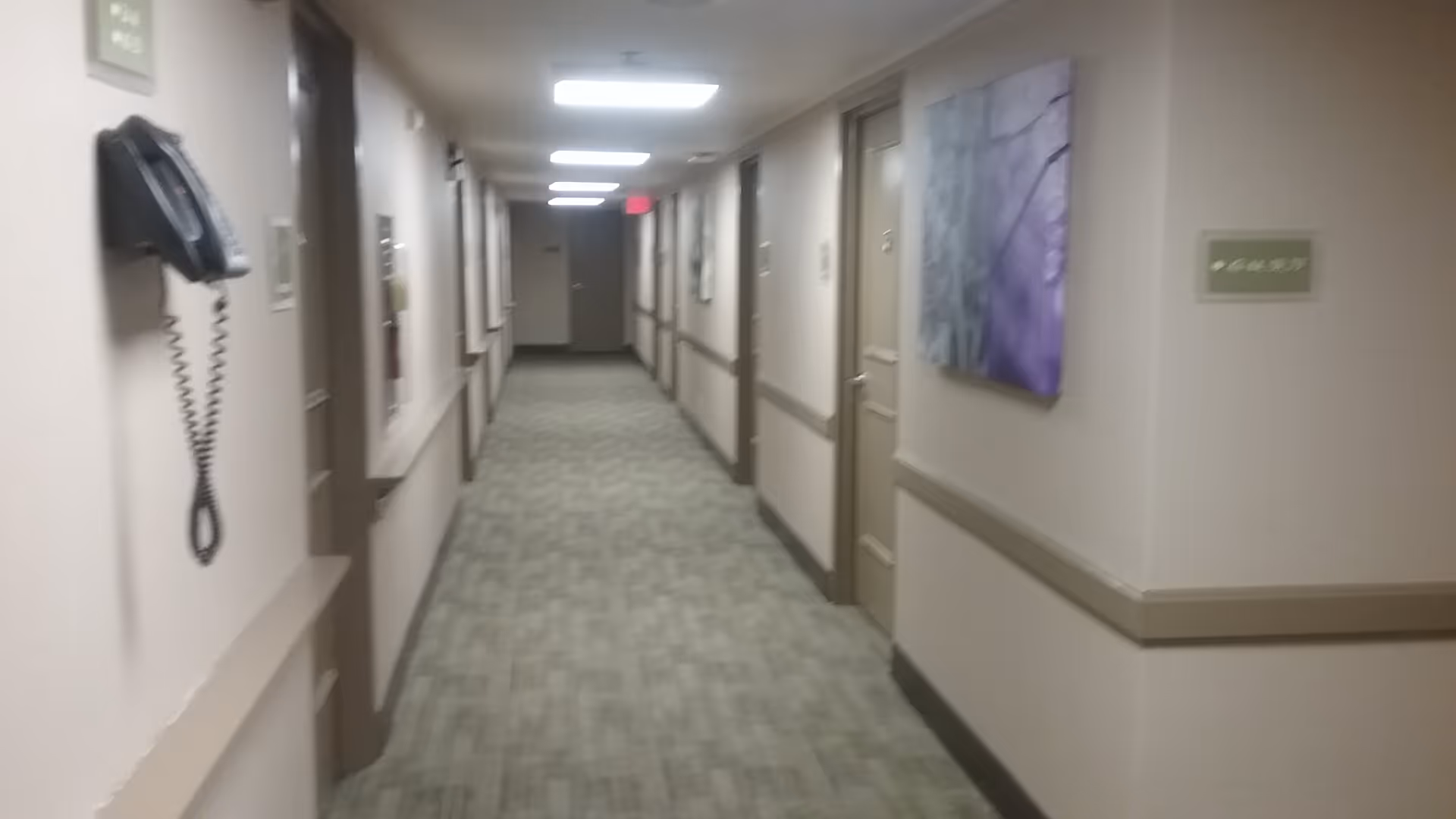 A long, well-lit indoor hallway with multiple closed doors on both sides, beige walls with handrails, a wall-mounted telephone on the left, and a purple-toned abstract painting on the right wall.