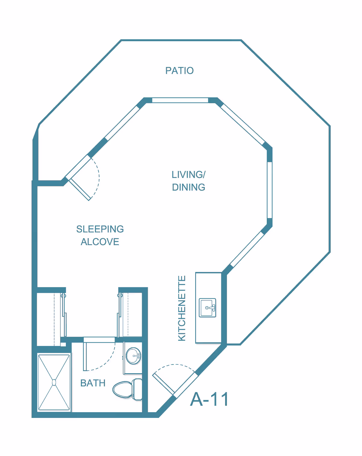 Architectural floor plan of a senior living unit labeled A-11 at Polo Park Estates - Sky Active Living, showing a patio, living/dining area, sleeping alcove, kitchenette, and bathroom with shower and toilet.