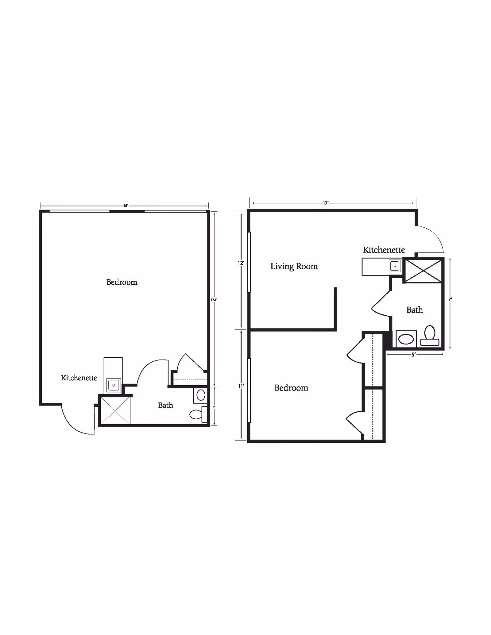 Architectural floor plan showing two layouts. The first layout includes a bedroom, kitchenette, and bath. The second layout includes a living room, kitchenette, bath, and bedroom. Dimensions are marked for each room.