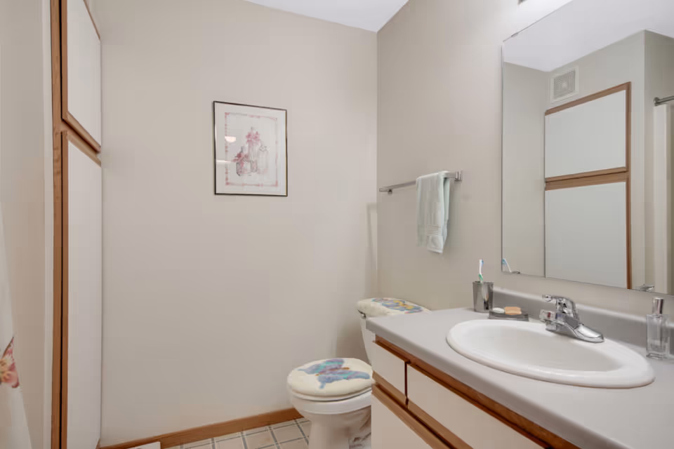 A clean bathroom with a white sink and countertop, a mirror above the sink, a toilet with a colorful padded seat cover, a towel hanging on a rack, and a framed picture on the wall. The walls are light-colored and there is a cabinet with white doors and wooden trim.