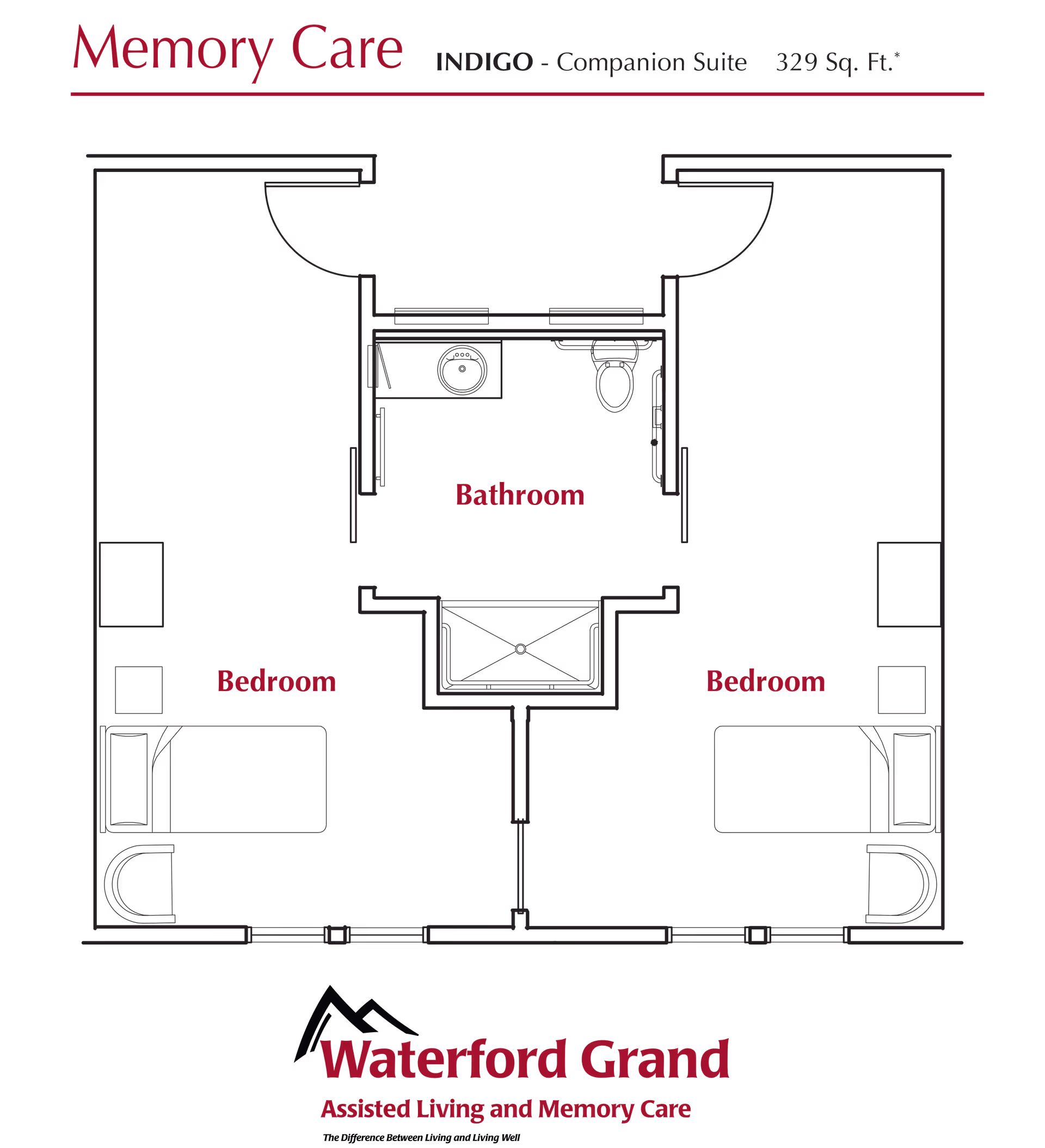 Floor plan diagram of a memory care companion suite showing two bedrooms flanking a central bathroom with Waterford Grand branding.