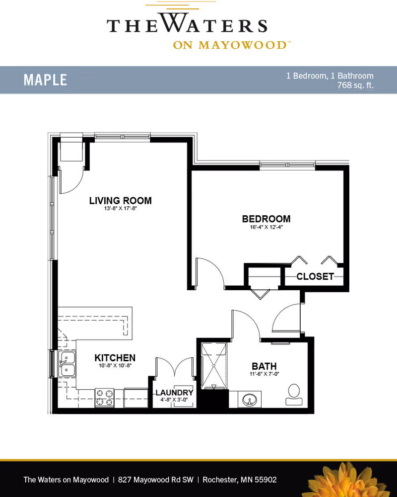 Floor plan of the Maple apartment at The Waters on Mayowood, showing 1 bedroom, 1 bathroom, a kitchen, dining area, living room, laundry, and closet spaces with dimensions.