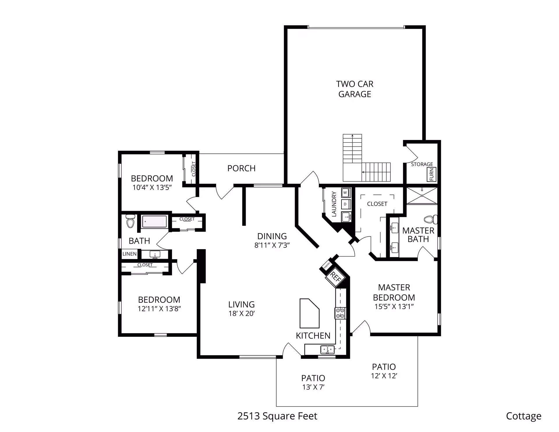 Black-and-white floor plan of a cottage showing labeled rooms including living room, kitchen, dining, three bedrooms (one master with bath), two-car garage and patios.