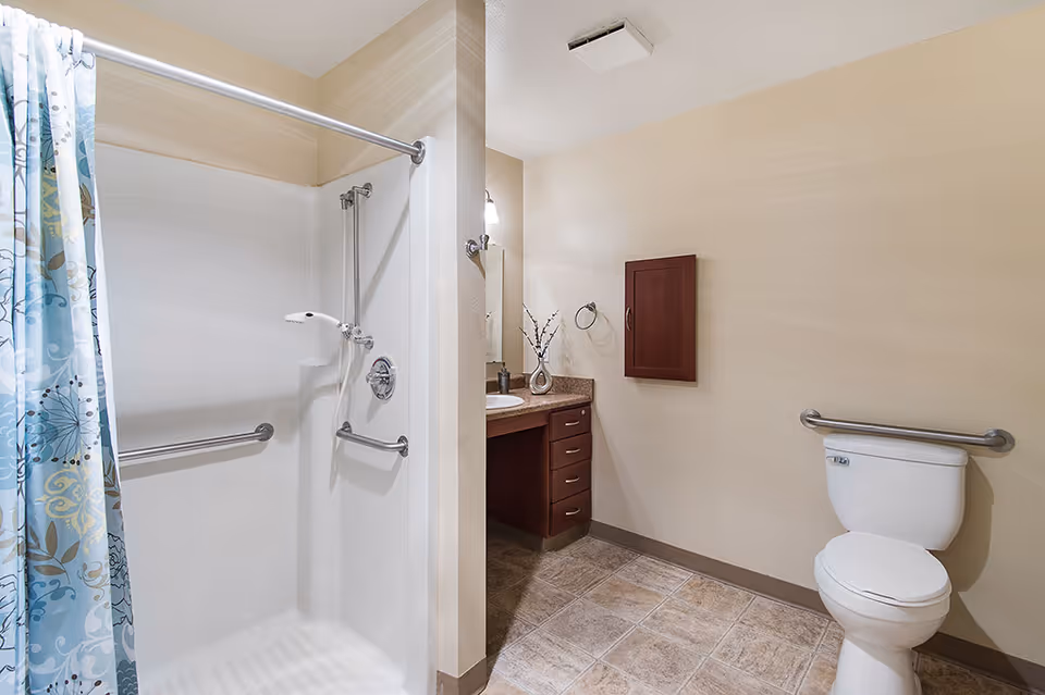 A clean and accessible bathroom featuring a walk-in shower with grab bars and a floral patterned shower curtain, a toilet with a grab bar beside it, a vanity with a sink, countertop, and a small cabinet mounted on the wall above the toilet.