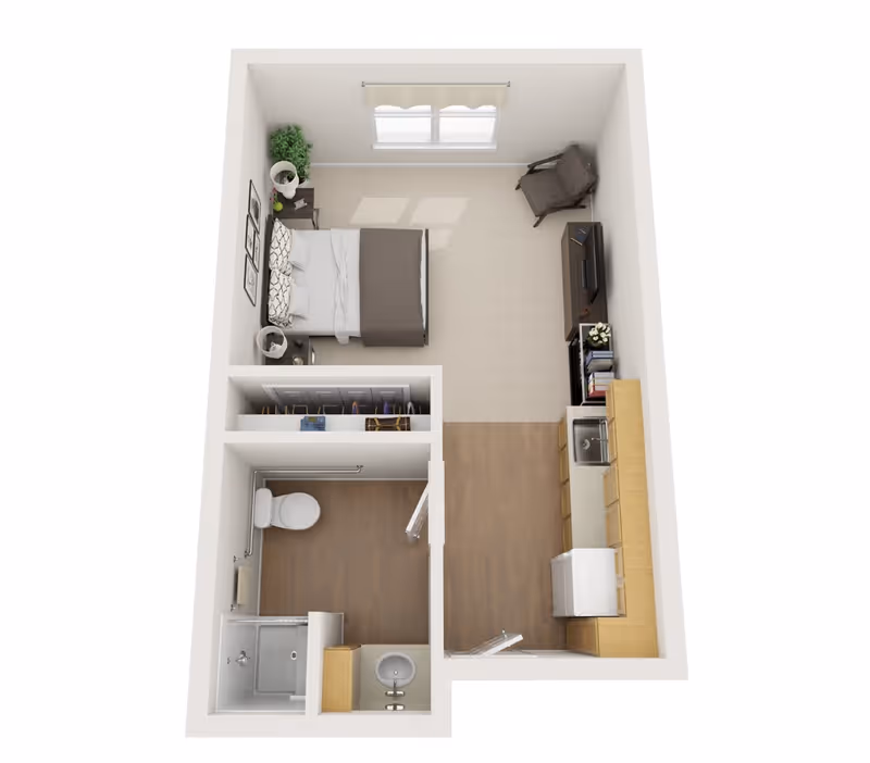 3D floor plan of a small apartment unit featuring a bedroom with a bed, nightstands, a chair, and a TV stand. Adjacent to the bedroom is a kitchen area with cabinets, a sink, and a refrigerator. There is also a bathroom with a toilet, sink, and shower. A closet space is located between the bedroom and bathroom.