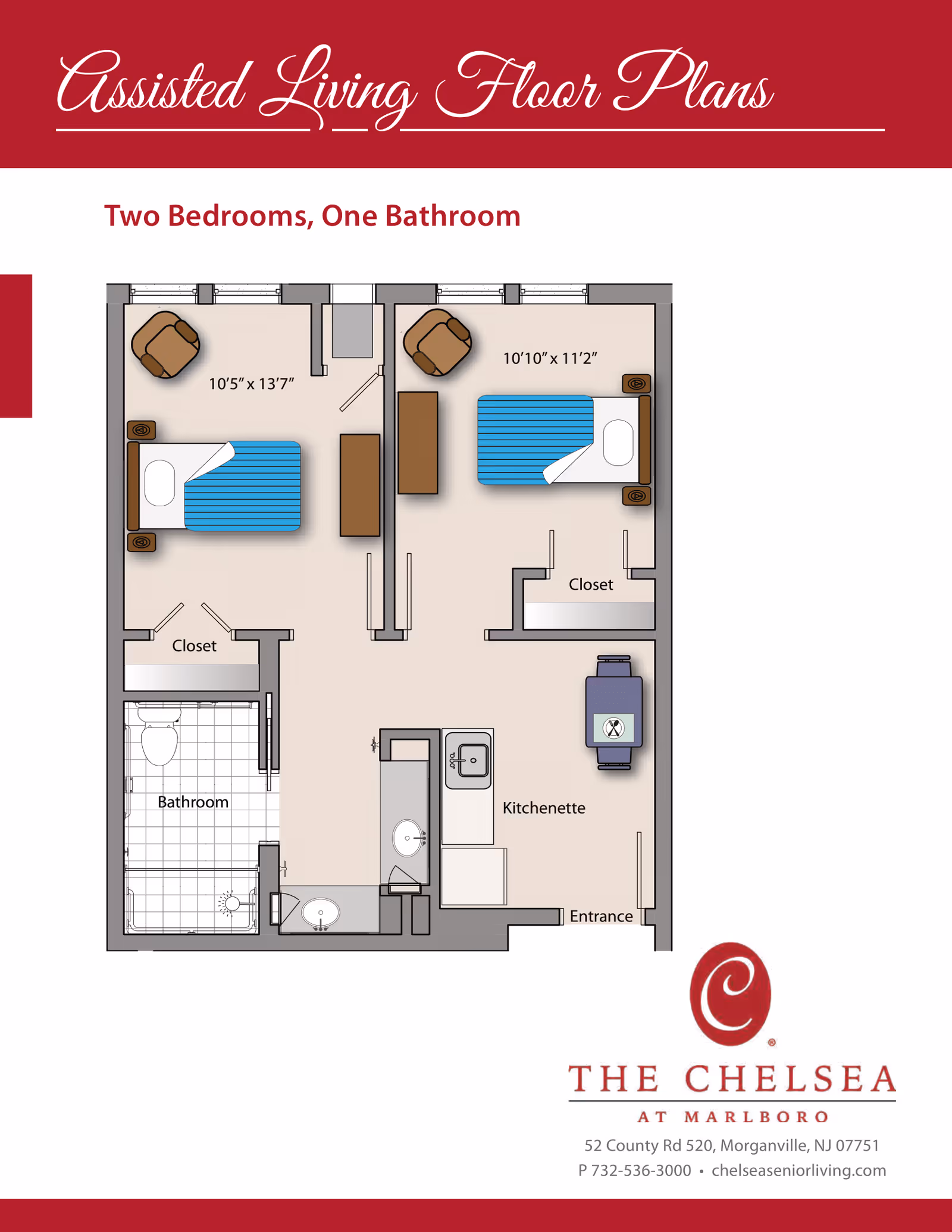 Floor plan of an assisted living unit with two bedrooms and one bathroom. The layout includes two bedrooms with beds, chairs, and closets, a bathroom with a shower, a kitchenette with a sink and small dining table, and an entrance area. Dimensions for the bedrooms are 10'5" x 13'7" and 10'10" x 11'2". The plan is titled 'Assisted Living Floor Plans' and labeled 'Two Bedrooms, One Bathroom'.