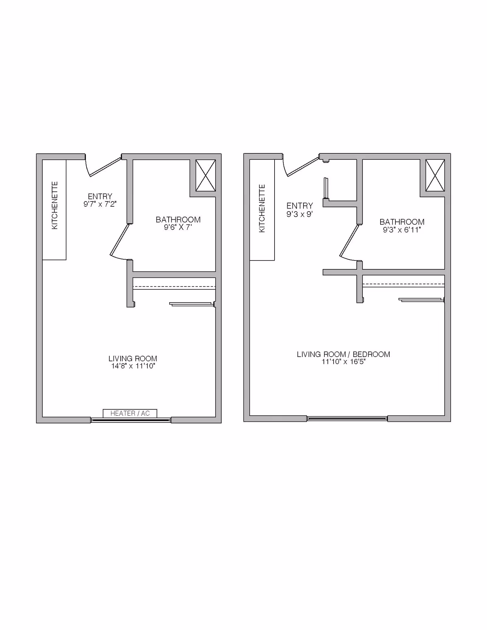 Architectural floor plans showing two studio apartment layouts with kitchenette, entry, bathroom, and living room or living room/bedroom areas with dimensions.