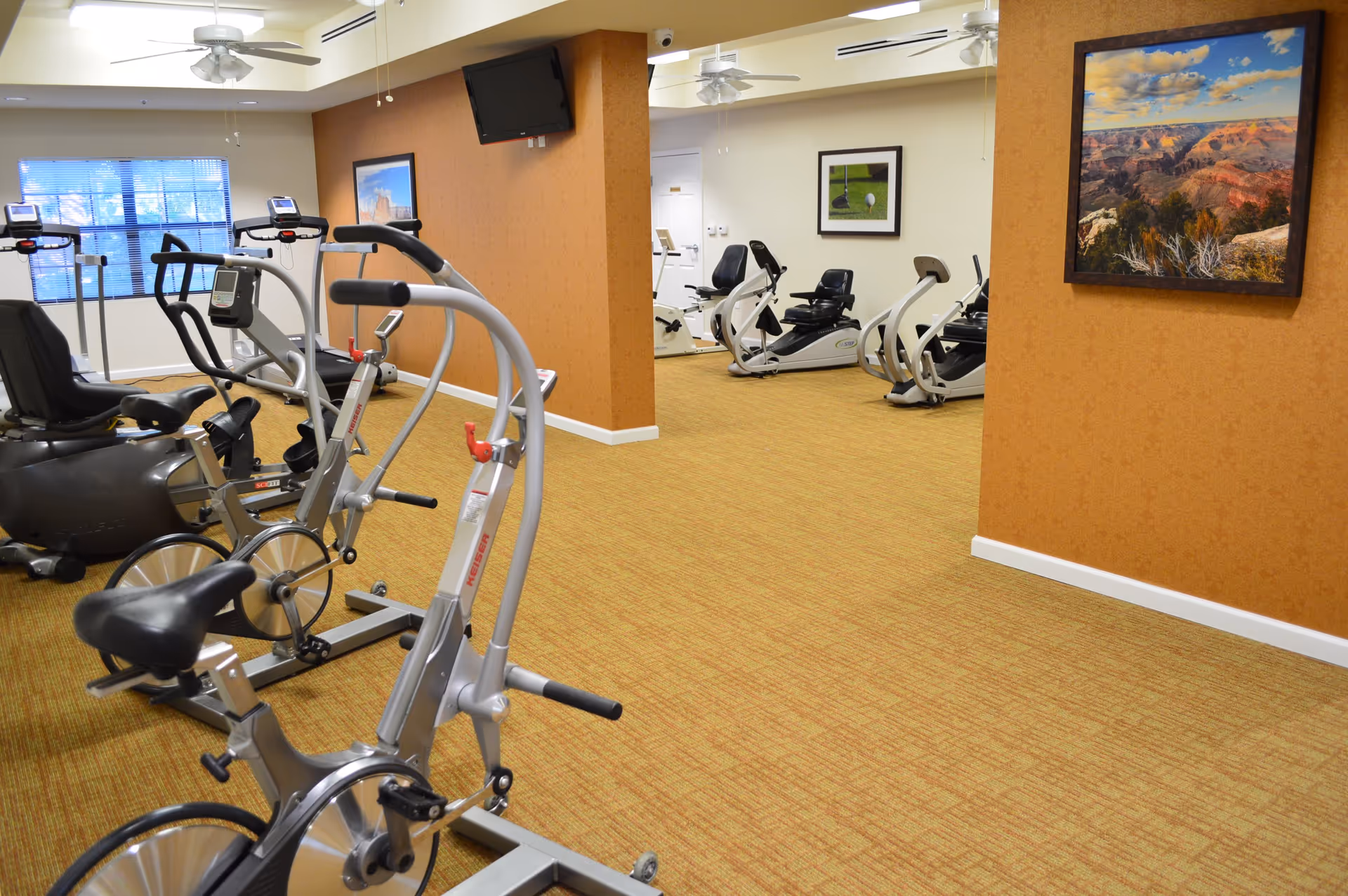 Exercise room with stationary and recumbent bikes, a wall-mounted TV, and framed artwork on orange walls.