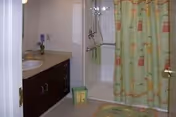 Bathroom with a dark wood vanity and sink, a bathtub with a green patterned shower curtain, and matching bath mat.
