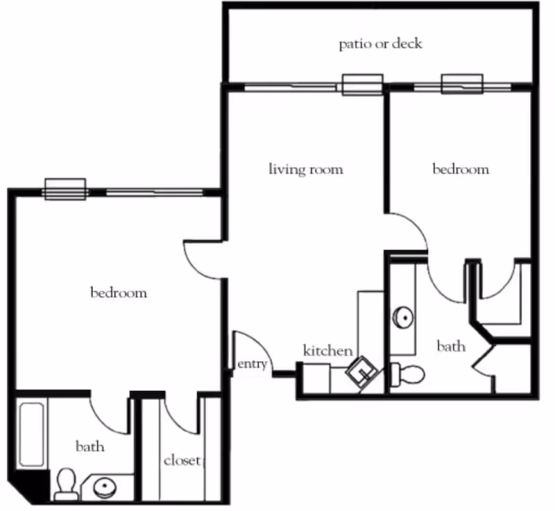 Floor plan of a residential unit at Atria Park of Vintage Hills showing two bedrooms, two bathrooms, a kitchen, a living room, an entry area, closets, and a patio or deck.