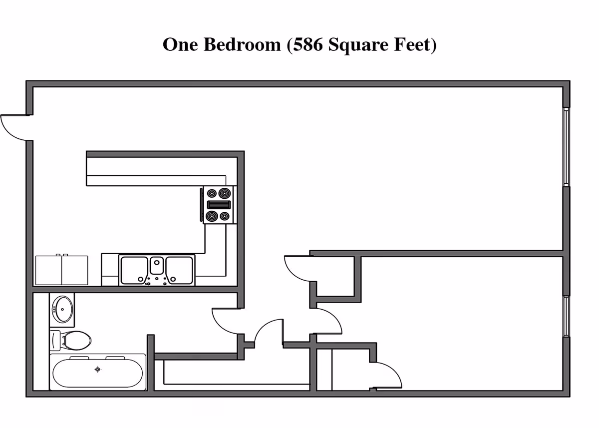 Floor plan of a one-bedroom apartment measuring 586 square feet, showing layout with kitchen, bathroom, bedroom, and living area.