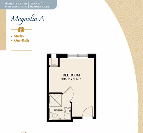 Floor plan of Magnolia A studio apartment at The Delaney at Lake Waco showing a bedroom area measuring 13 feet 6 inches by 10 feet 3 inches and a one-bathroom layout.