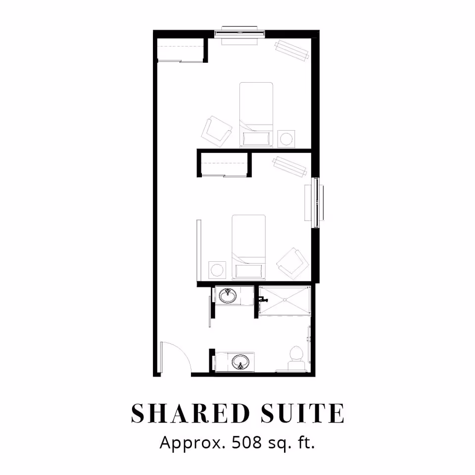 Floor plan of a shared suite at Legend of Mansfield, approximately 508 square feet, showing layout with two beds, seating area, and bathroom.