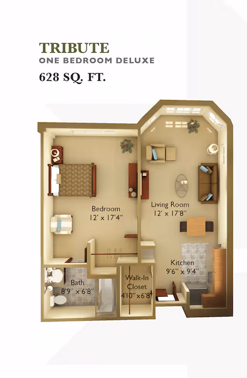 Floor plan of a one-bedroom deluxe apartment named Tribute with 628 square feet. The layout includes a bedroom measuring 12 by 17 feet 4 inches, a living room measuring 12 by 17 feet 8 inches, a kitchen measuring 9 feet 6 inches by 9 feet 4 inches, a bathroom measuring 8 feet 9 inches by 6 feet 8 inches, and a walk-in closet measuring 4 feet 10 inches by 6 feet 8 inches. The living room has seating and a dining table, the bedroom has a bed and chair, and the kitchen has appliances and cabinetry.