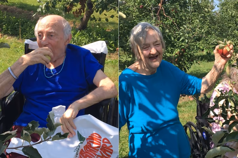Two elderly individuals outdoors in a garden or orchard setting. On the left, an elderly man in a blue shirt is sitting in a wheelchair and eating a green apple. On the right, an elderly woman in a blue shirt is standing and holding a red apple, smiling. Both are surrounded by green foliage and apple trees.