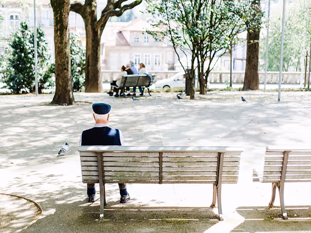 An elderly man wearing a cap sits alone on a park bench facing away, with trees, pigeons, and other people on benches in the background.