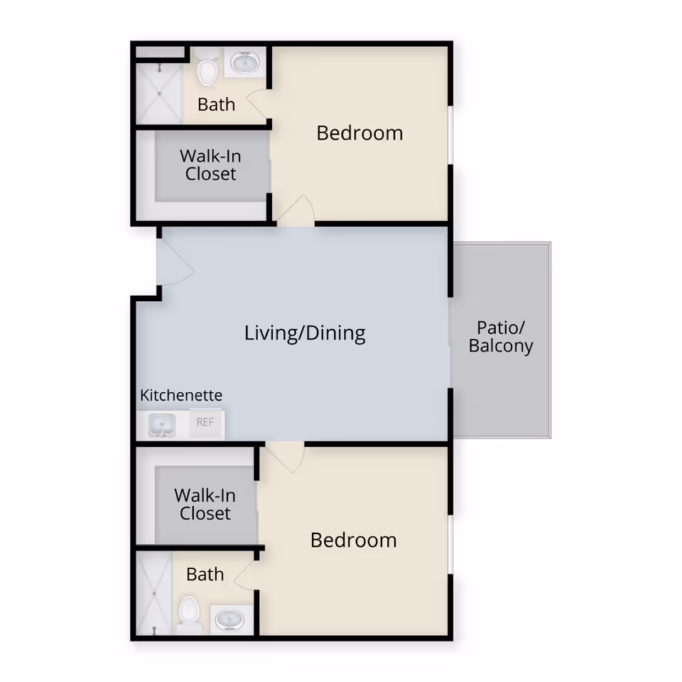 Labeled floor plan of a two-bedroom apartment with two baths, walk-in closets, a central living/dining area with a kitchenette, and a patio/balcony.